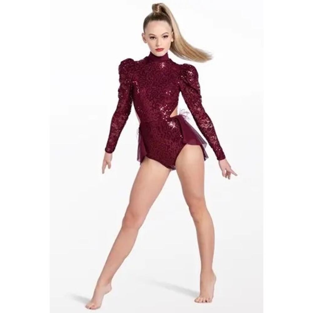 Weissman Dance Costume XS Burgundy Sequin Long Sleeve Open‎ Back Leotard